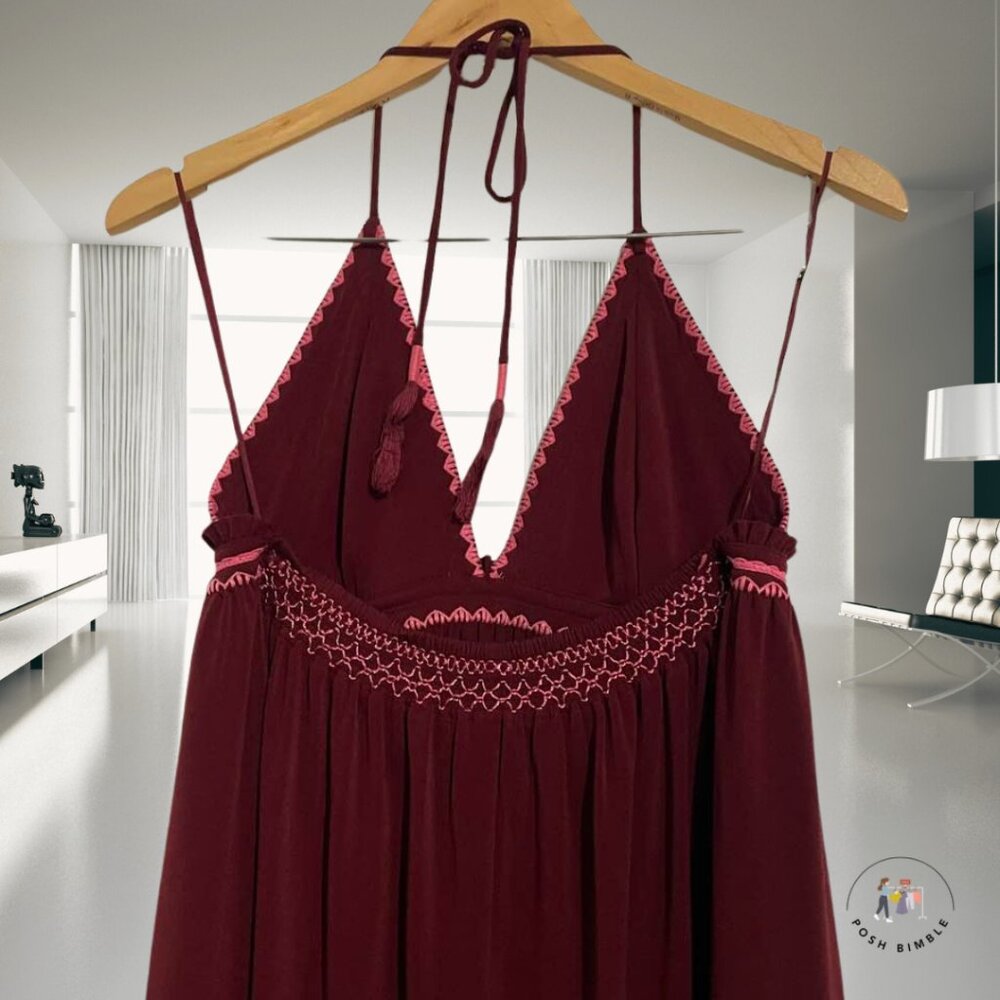 Express Burgundy Halter Maxi Dress with Pink Trim | Size Medium - Picture 6 of 14